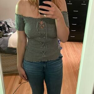 Gray Off-Shoulder Lace-Up Top